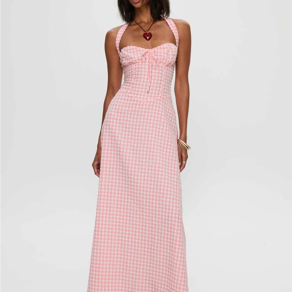 Pink Gingham Halter Maxi Dress